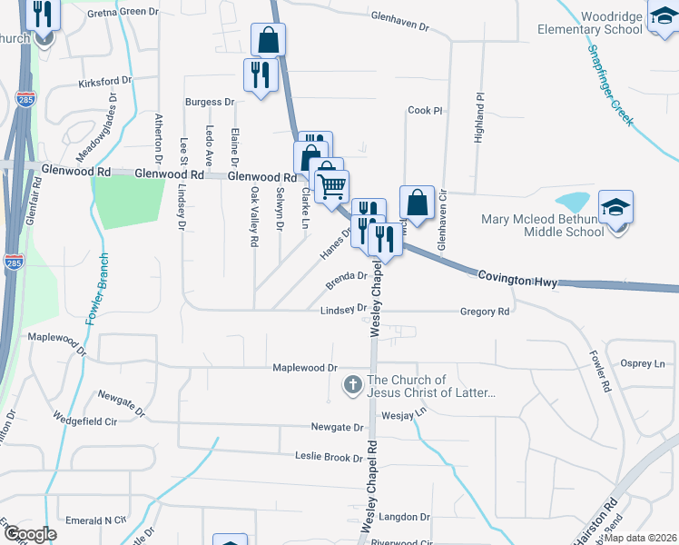 map of restaurants, bars, coffee shops, grocery stores, and more near 4221 Hanes Drive in Decatur