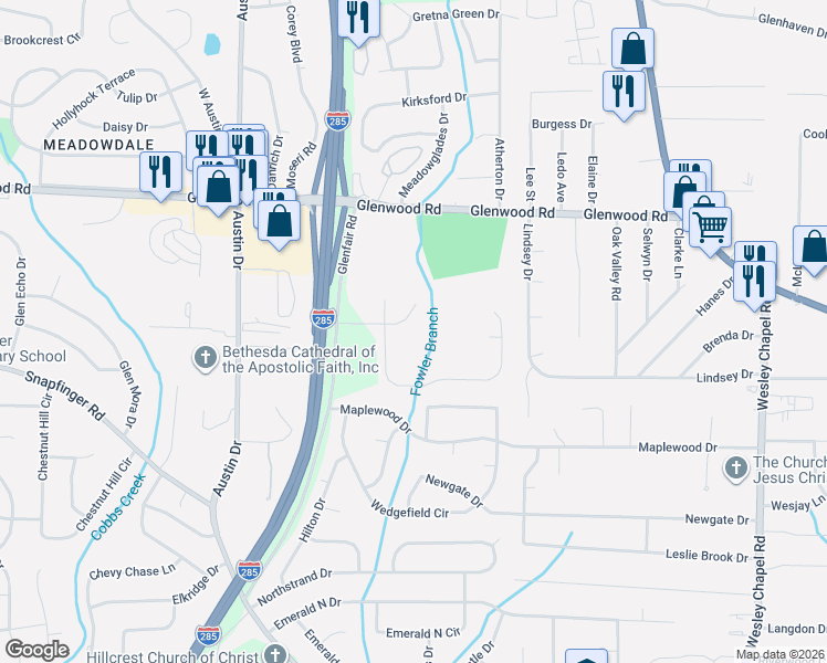 map of restaurants, bars, coffee shops, grocery stores, and more near 3952 Glenwood Downs Lane in Decatur