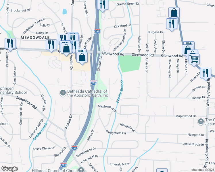 map of restaurants, bars, coffee shops, grocery stores, and more near 3892 Glenwood Road in Decatur