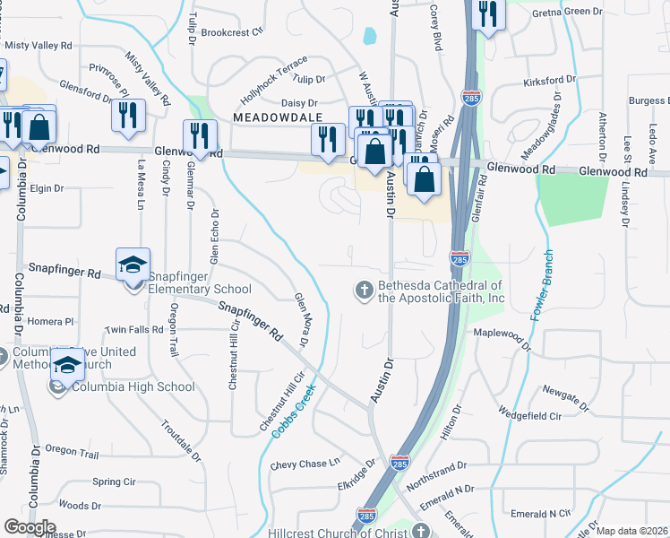 map of restaurants, bars, coffee shops, grocery stores, and more near 3810 Austin Park Lane in Decatur