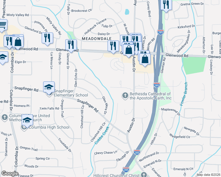 map of restaurants, bars, coffee shops, grocery stores, and more near 3810 Austin Park Lane in Decatur