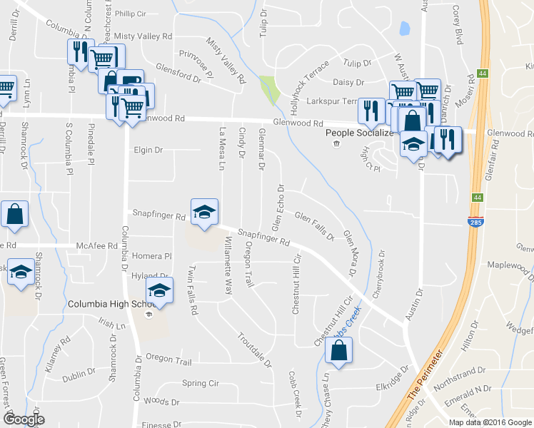 map of restaurants, bars, coffee shops, grocery stores, and more near 1951 Glen Echo Drive in Decatur