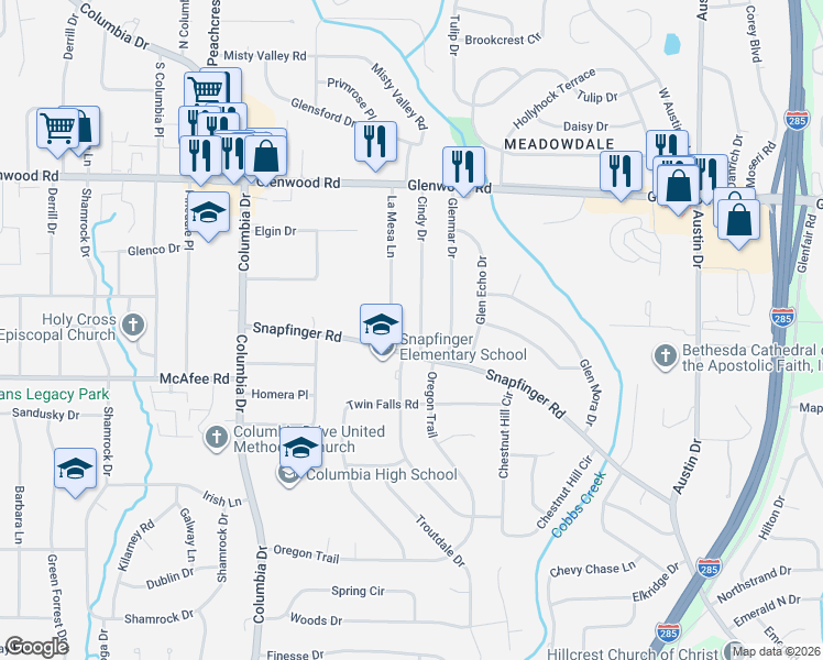 map of restaurants, bars, coffee shops, grocery stores, and more near 1950 La Mesa Lane in Decatur