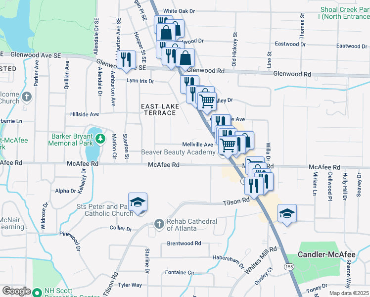 map of restaurants, bars, coffee shops, grocery stores, and more near 2505 Mellville Avenue in Decatur