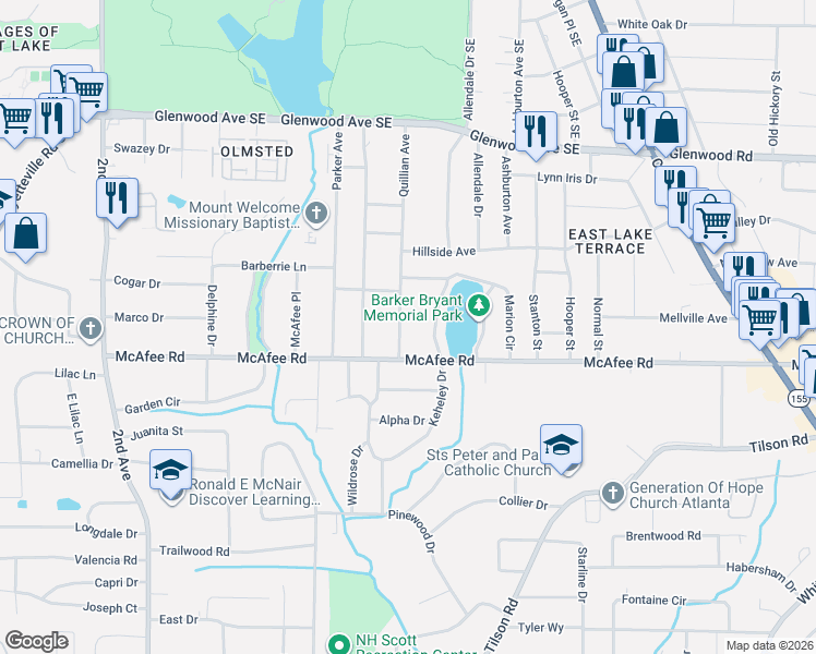 map of restaurants, bars, coffee shops, grocery stores, and more near 1979 West Lakeside Drive in Decatur
