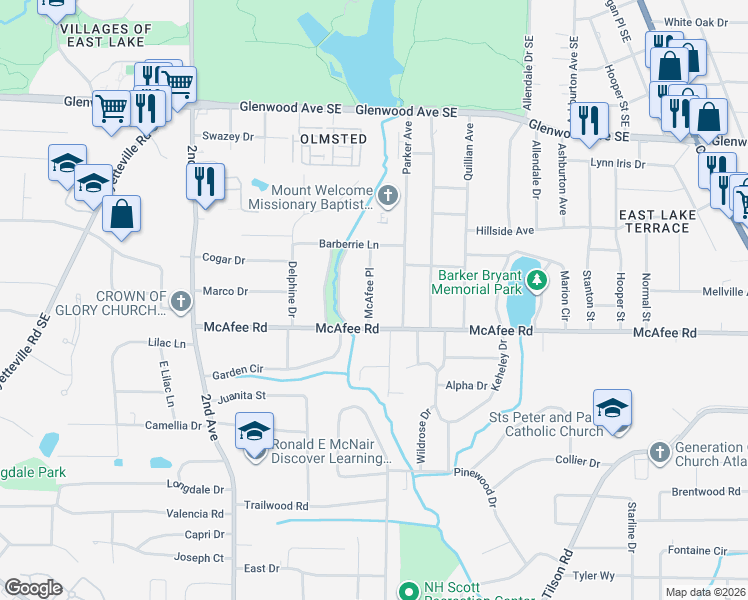 map of restaurants, bars, coffee shops, grocery stores, and more near 1974 McAfee Place in Decatur