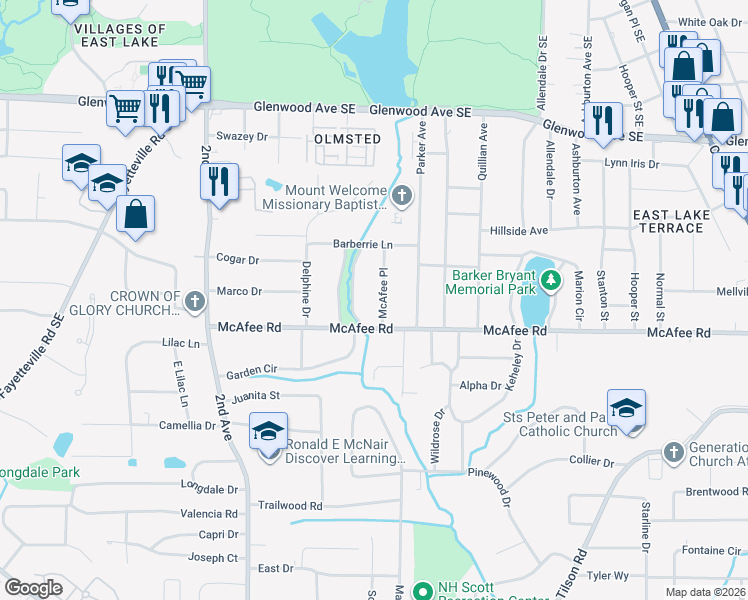 map of restaurants, bars, coffee shops, grocery stores, and more near 1976 East Starmount Way in Decatur