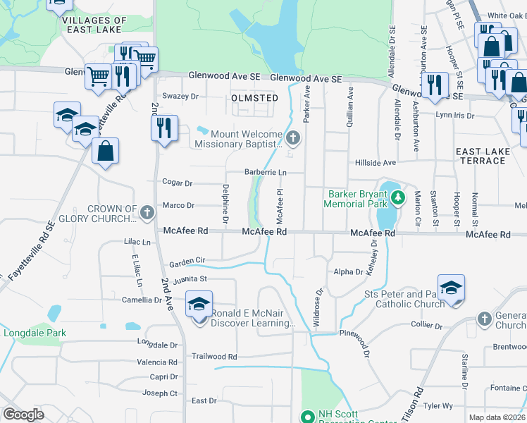 map of restaurants, bars, coffee shops, grocery stores, and more near 1976 East Starmount Way in Decatur