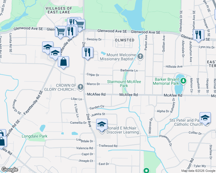 map of restaurants, bars, coffee shops, grocery stores, and more near 2054 Marco Drive in Decatur