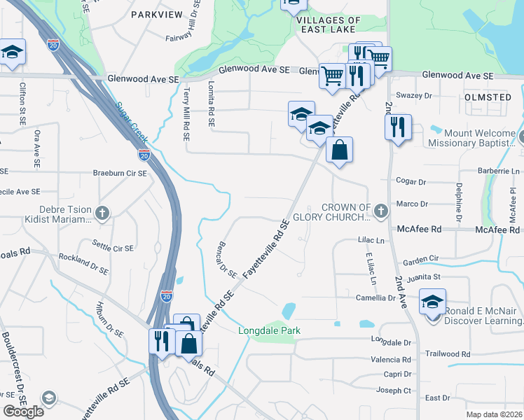 map of restaurants, bars, coffee shops, grocery stores, and more near 1771 Fayetteville Court Southeast in Atlanta
