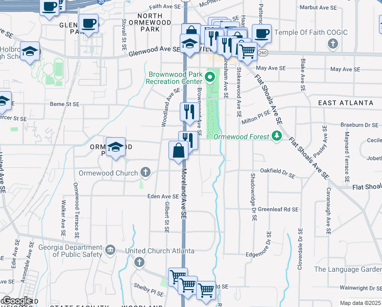 map of restaurants, bars, coffee shops, grocery stores, and more near 1190 Gracewood Avenue Southeast in Atlanta
