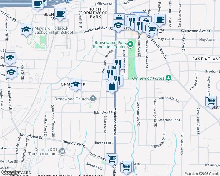 map of restaurants, bars, coffee shops, grocery stores, and more near 749 Moreland Avenue Southeast in Atlanta