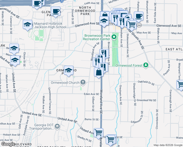 map of restaurants, bars, coffee shops, grocery stores, and more near 760 Woodland Avenue Southeast in Atlanta