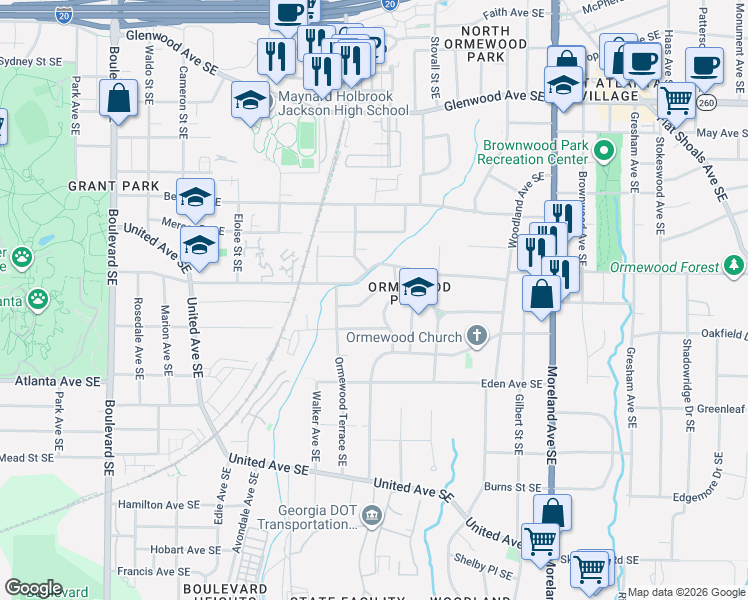 map of restaurants, bars, coffee shops, grocery stores, and more near 942 Emerson Avenue Southeast in Atlanta