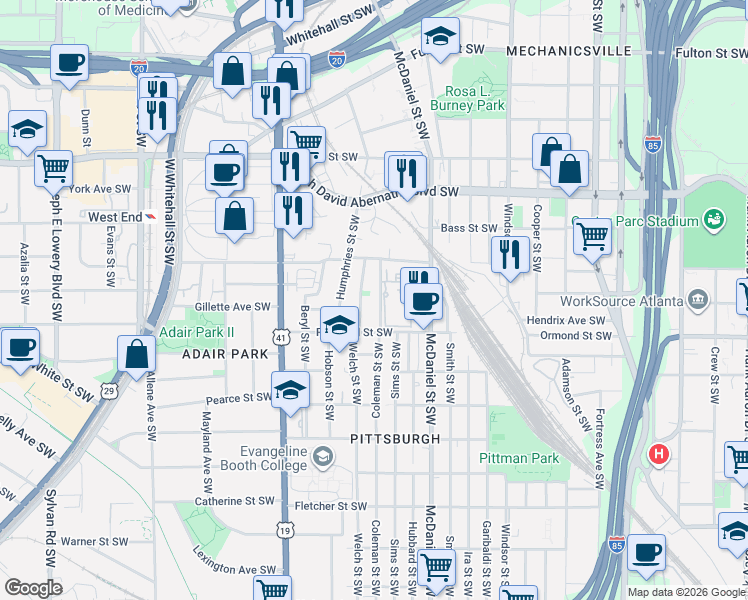 map of restaurants, bars, coffee shops, grocery stores, and more near 771 Coleman Street Southwest in Atlanta