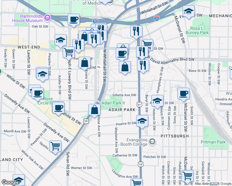 map of restaurants, bars, coffee shops, grocery stores, and more near 798 Lowndes Street Southwest in Atlanta
