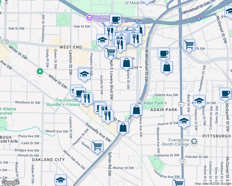 map of restaurants, bars, coffee shops, grocery stores, and more near 887 Beecher Street Southwest in Atlanta