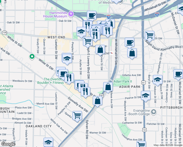 map of restaurants, bars, coffee shops, grocery stores, and more near 887 Beecher Street Southwest in Atlanta