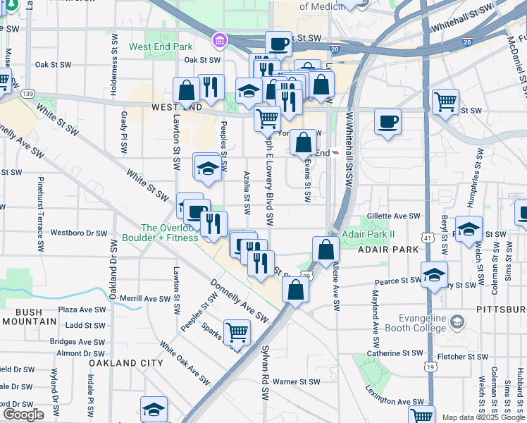 map of restaurants, bars, coffee shops, grocery stores, and more near 939 Beecher Street Southwest in Atlanta