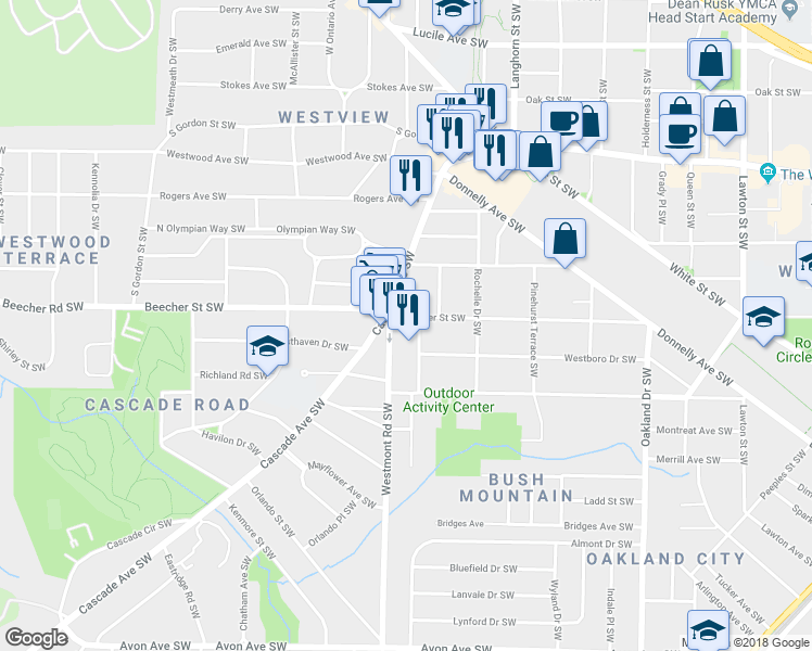 map of restaurants, bars, coffee shops, grocery stores, and more near 1493 Beecher Street Southwest in Atlanta