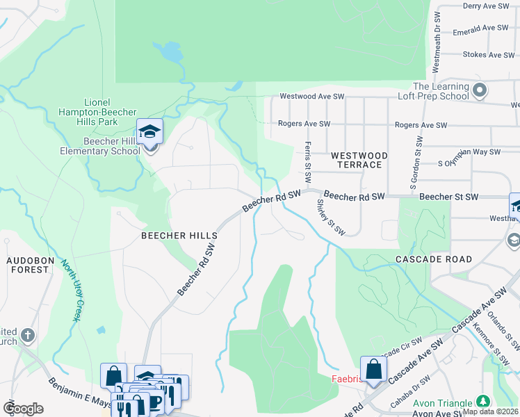 map of restaurants, bars, coffee shops, grocery stores, and more near 2121 Beecher Road Southwest in Atlanta