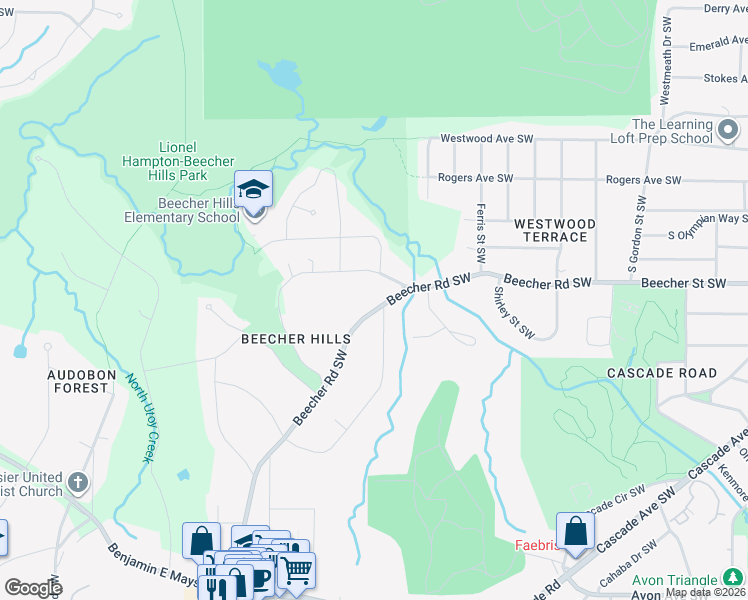 map of restaurants, bars, coffee shops, grocery stores, and more near 2158 Beecher Circle Southwest in Atlanta