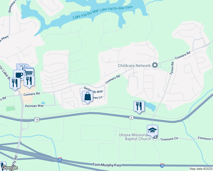 map of restaurants, bars, coffee shops, grocery stores, and more near 1100 Carrington Parkway in Villa Rica
