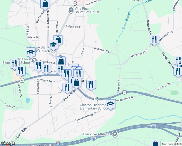 map of restaurants, bars, coffee shops, grocery stores, and more near 105 West Gordon Street in Villa Rica