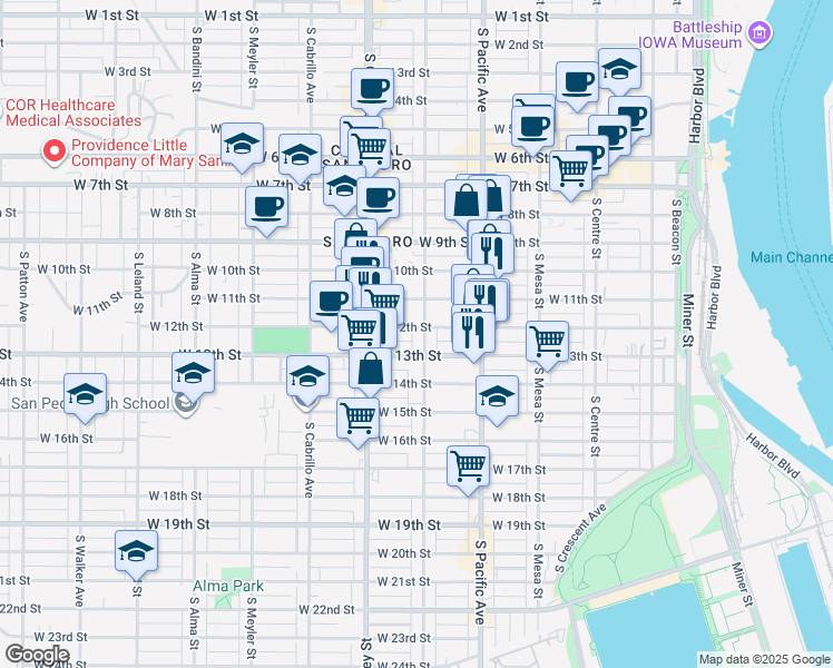 map of restaurants, bars, coffee shops, grocery stores, and more near 1209 South Grand Avenue in Los Angeles