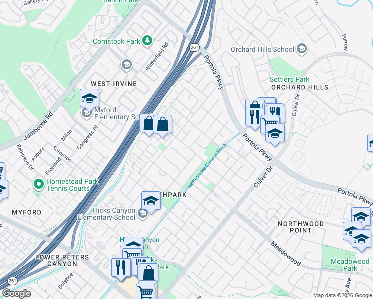 map of restaurants, bars, coffee shops, grocery stores, and more near 28 Modesto in Irvine