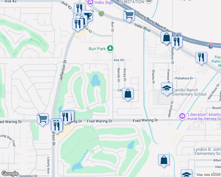 map of restaurants, bars, coffee shops, grocery stores, and more near 43758 Royal Saint George Drive in Indio