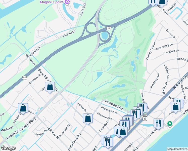 map of restaurants, bars, coffee shops, grocery stores, and more near Granddaddy Dr in Myrtle Beach