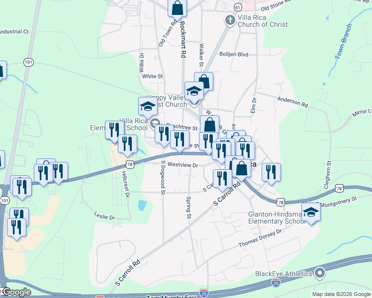 map of restaurants, bars, coffee shops, grocery stores, and more near 214 Maple Street in Villa Rica