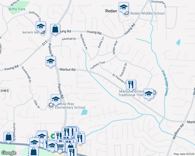 map of restaurants, bars, coffee shops, grocery stores, and more near 5571 Marbut Road in Lithonia
