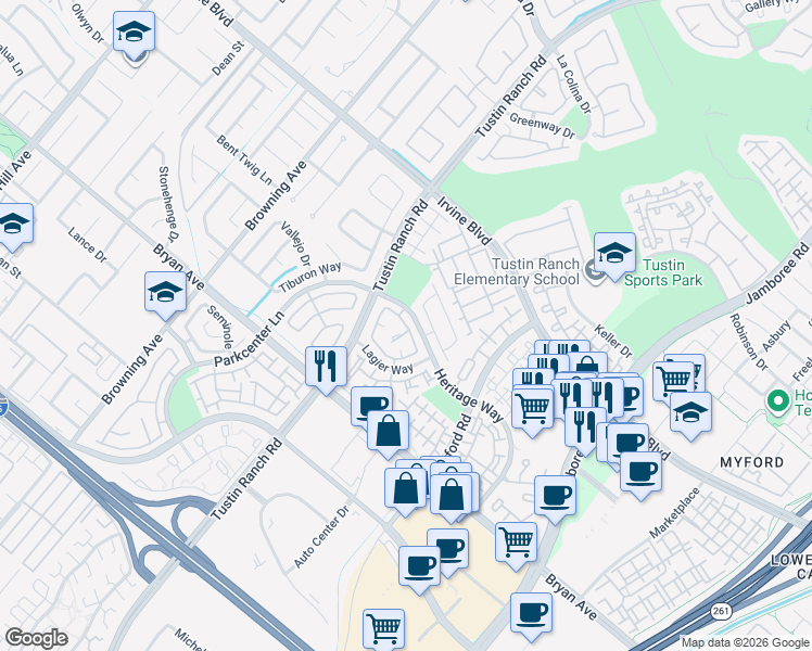 map of restaurants, bars, coffee shops, grocery stores, and more near 2428 Paseo Circulo in Tustin