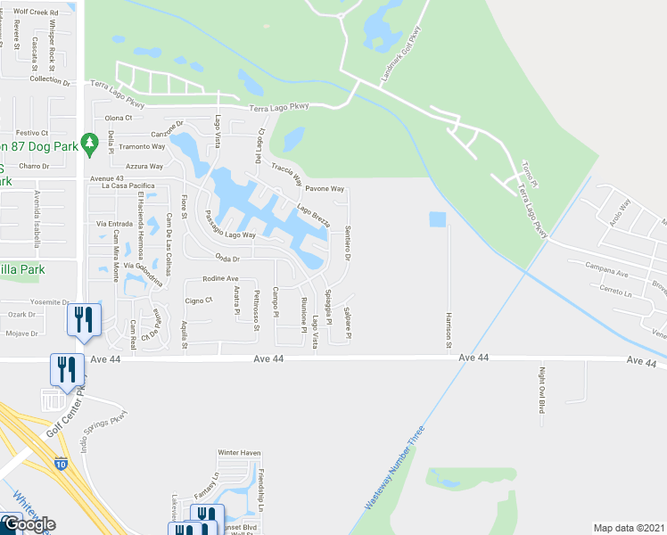 map of restaurants, bars, coffee shops, grocery stores, and more near 43478 Lago Brezza Drive in Indio