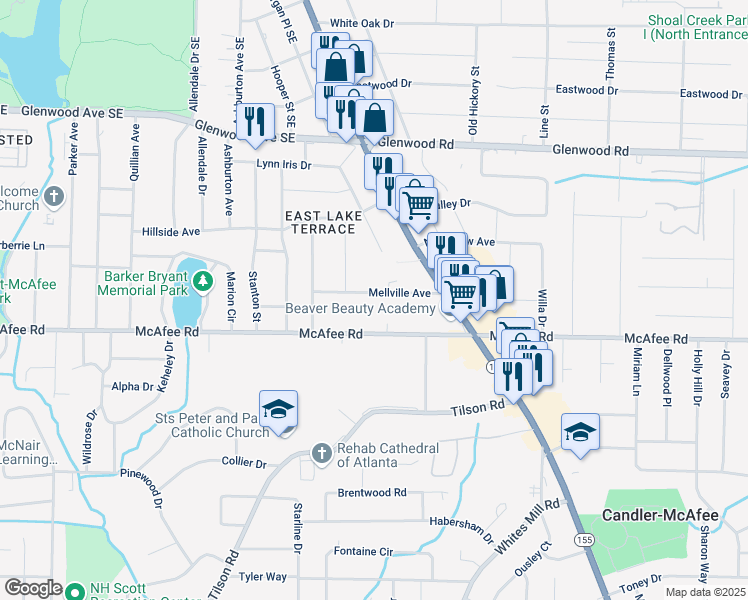 map of restaurants, bars, coffee shops, grocery stores, and more near 2505 Mellville Avenue in Decatur