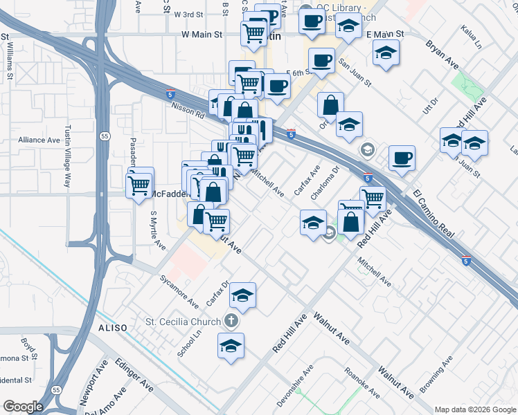 map of restaurants, bars, coffee shops, grocery stores, and more near 1192 Mitchell Avenue in Tustin