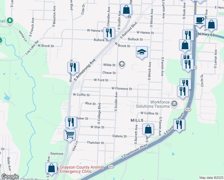 map of restaurants, bars, coffee shops, grocery stores, and more near 901 West Florence Street in Denison