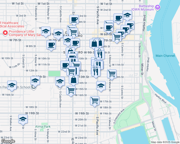 map of restaurants, bars, coffee shops, grocery stores, and more near 561 West 12th Street in Los Angeles