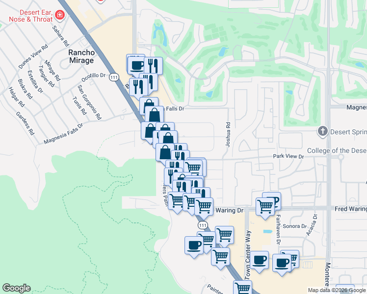 map of restaurants, bars, coffee shops, grocery stores, and more near 72211 Rancho Road in Rancho Mirage