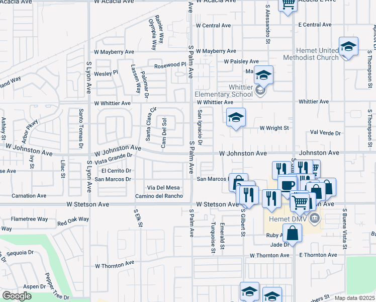 map of restaurants, bars, coffee shops, grocery stores, and more near 900 West Johnston Avenue in Hemet