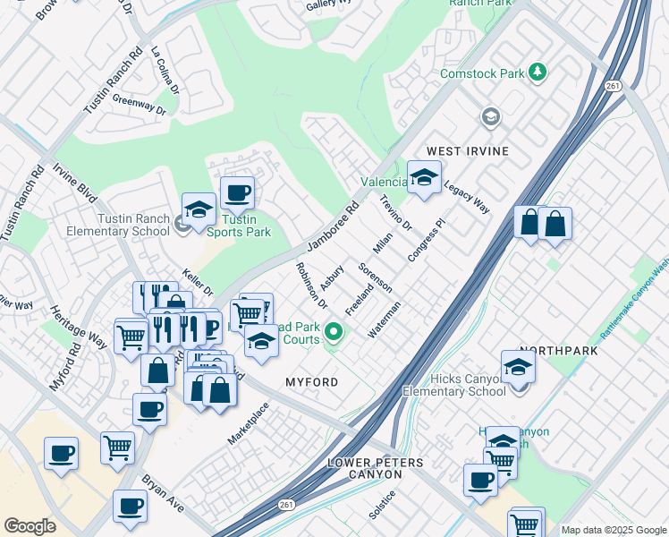 map of restaurants, bars, coffee shops, grocery stores, and more near 19 Granada in Irvine
