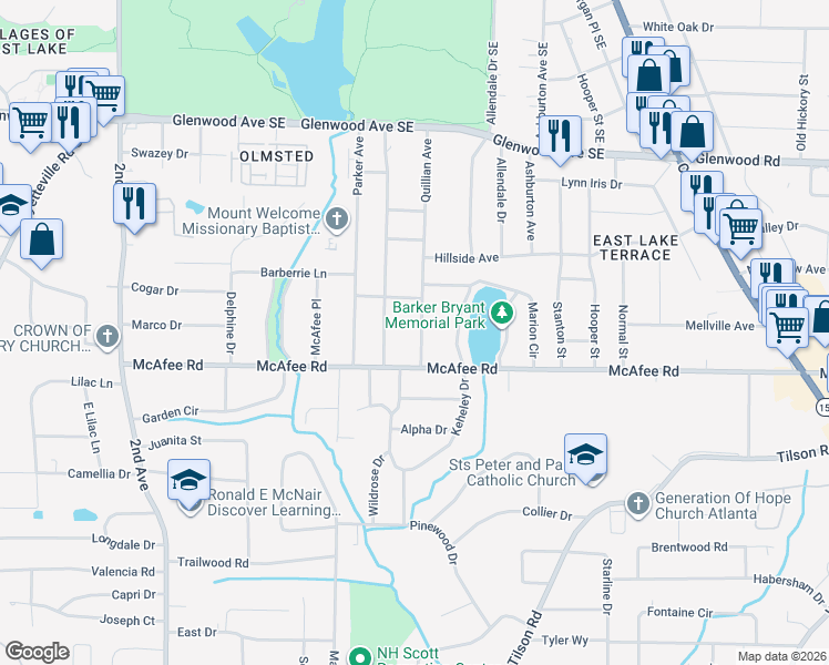 map of restaurants, bars, coffee shops, grocery stores, and more near 657 Quillian Avenue in Decatur