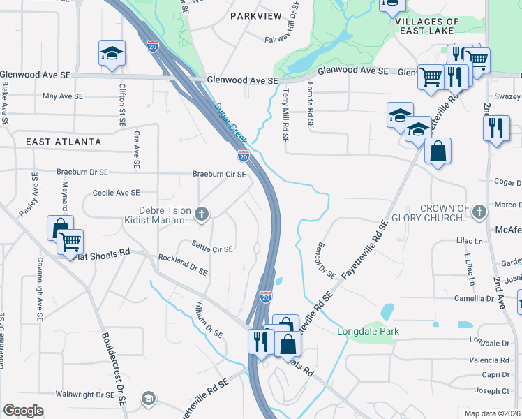 map of restaurants, bars, coffee shops, grocery stores, and more near 1627 Sylvester Circle in Atlanta