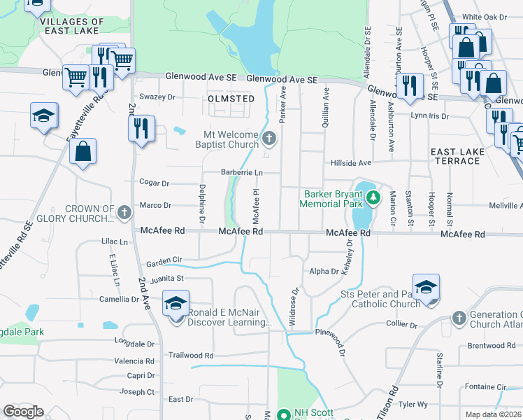map of restaurants, bars, coffee shops, grocery stores, and more near 1984 McAfee Place in Decatur