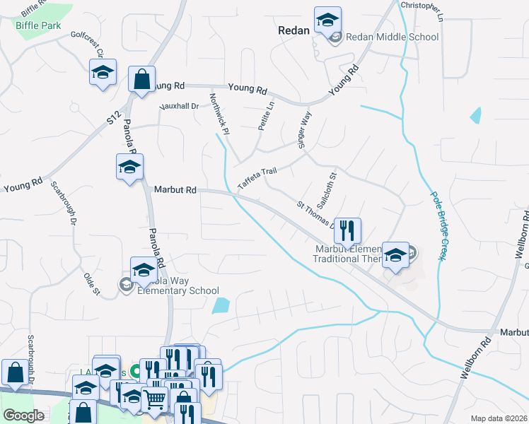 map of restaurants, bars, coffee shops, grocery stores, and more near 5590 Marbut Road in Lithonia