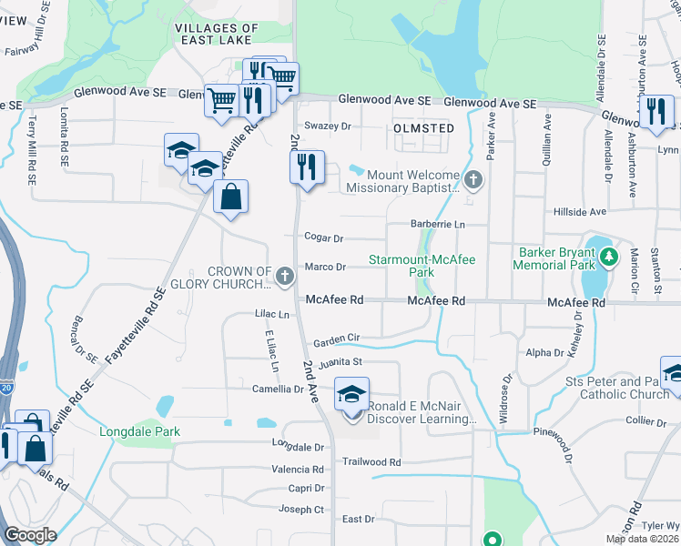 map of restaurants, bars, coffee shops, grocery stores, and more near 2018 Marco Drive in Decatur