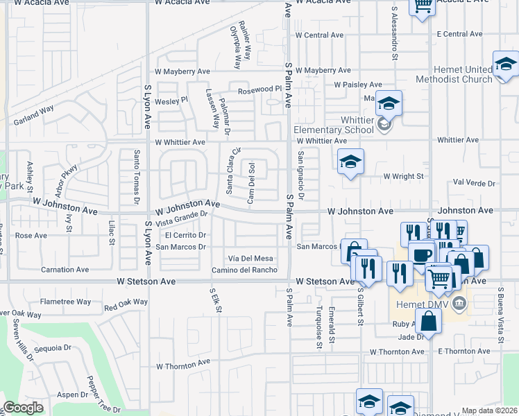 map of restaurants, bars, coffee shops, grocery stores, and more near 710 Santa Clara Circle in Hemet