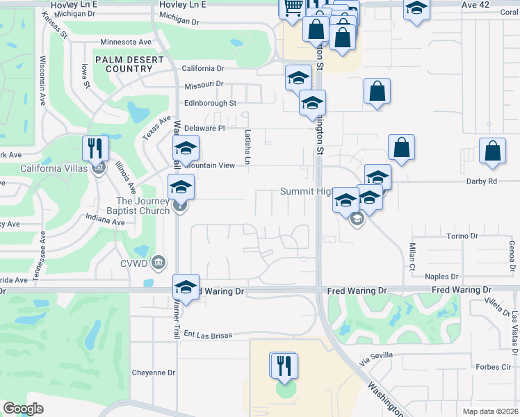 map of restaurants, bars, coffee shops, grocery stores, and more near 42 Maricopa Court in Palm Desert